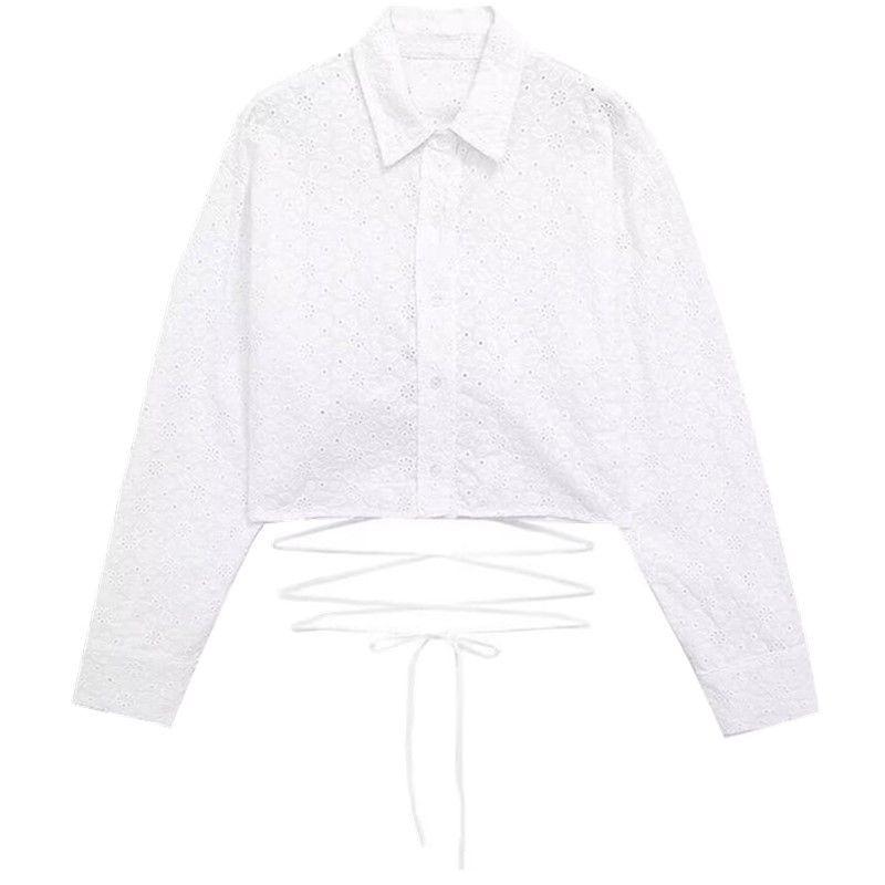 

Fashion Wind 2024 New Fall Women s Clothing Stylish Long Sleeves All-Matching Hollow Embroider Short Shirt 7102001 White L