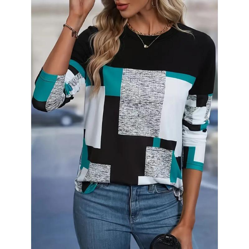 Geometric Color Block Top Women's Fashionable Contrasting Long Sleeved T-shirts