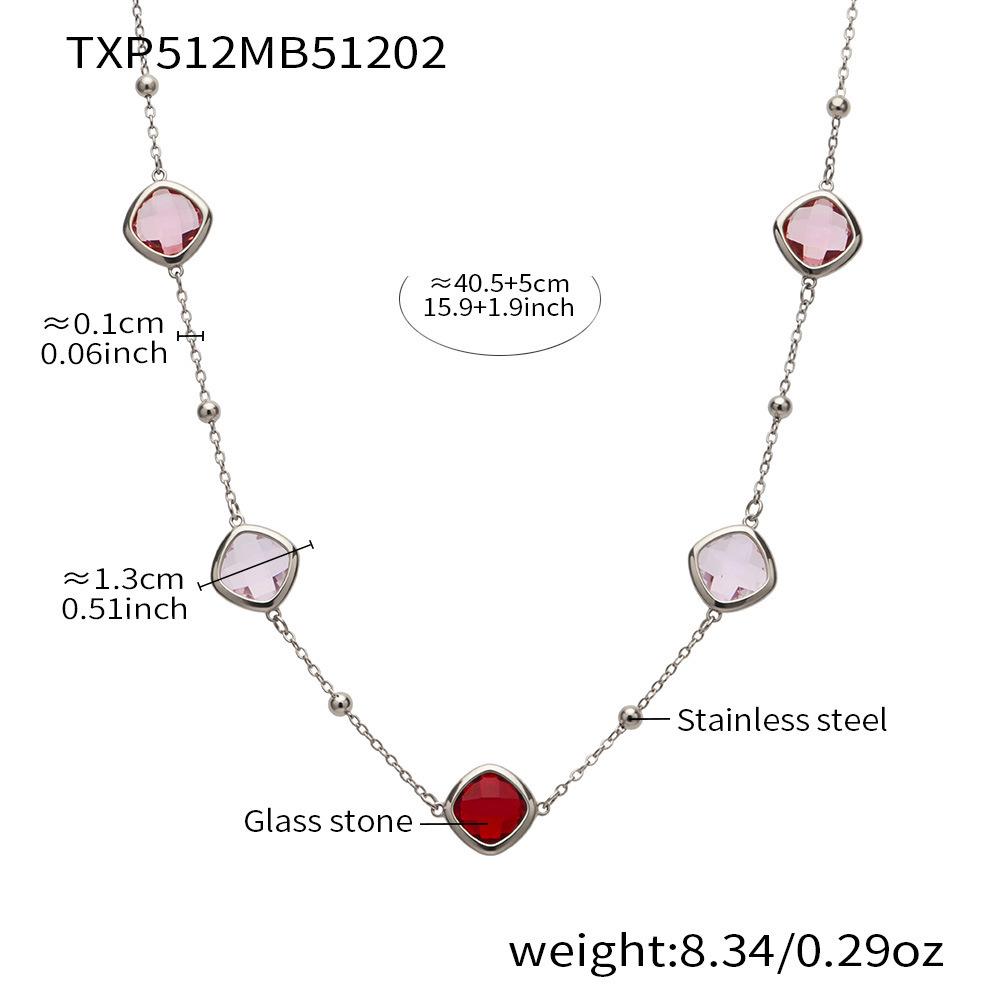 Stylish European & American Stainless Steel Jewelry Set with Square Faceted Glass Stones: Includes Bracelet, Necklace, and Earrings