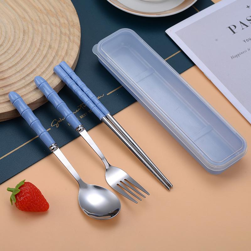 Portable Stainless Steel Cutlery Set: Bamboo Handle Spoon, Fork & Chopsticks for Office & Travel