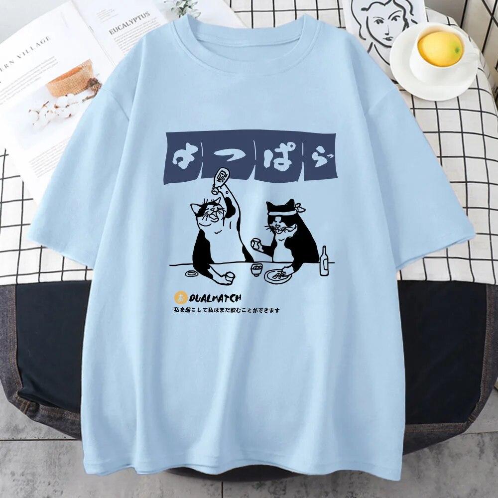 Women Tshirt Streetwear Japanese Harajuku Funny Drinking Cat T-Shirt 100% Cotton Summer Cartoon T Shirt Unisex Hip Hop Tops Tees Unisex T-shirt