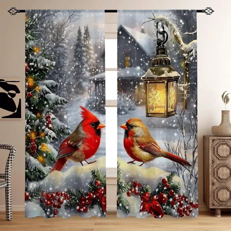 Set Of 2 Christmas Red Bird Printed Curtains Pole Bag Home Decoration Room Curtain Polyester
