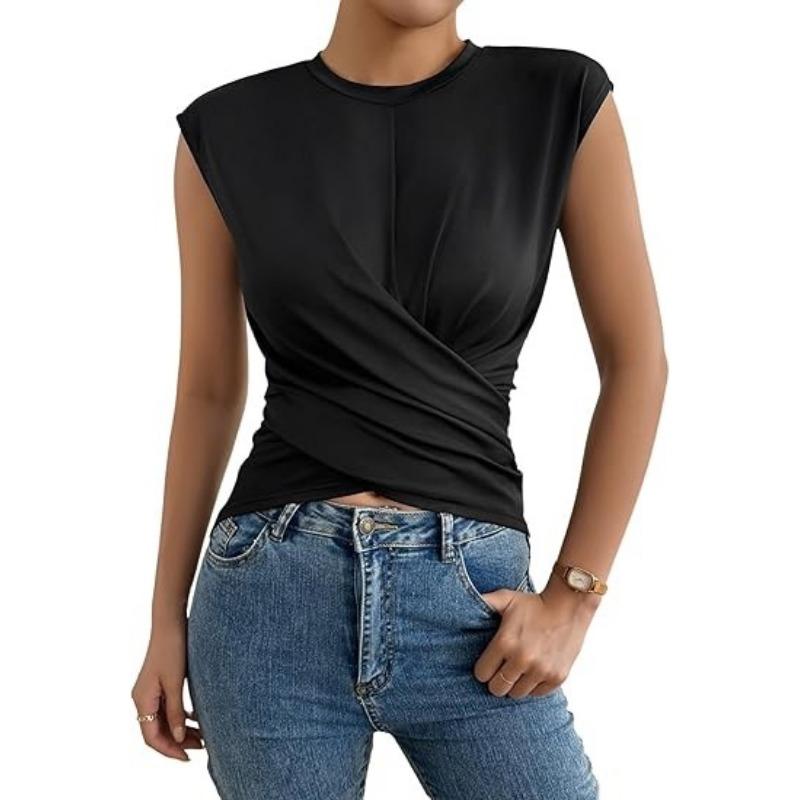 Women White Crew Neck Sleeveless Criss Cross Tie Waist Fitted Casual Blouse