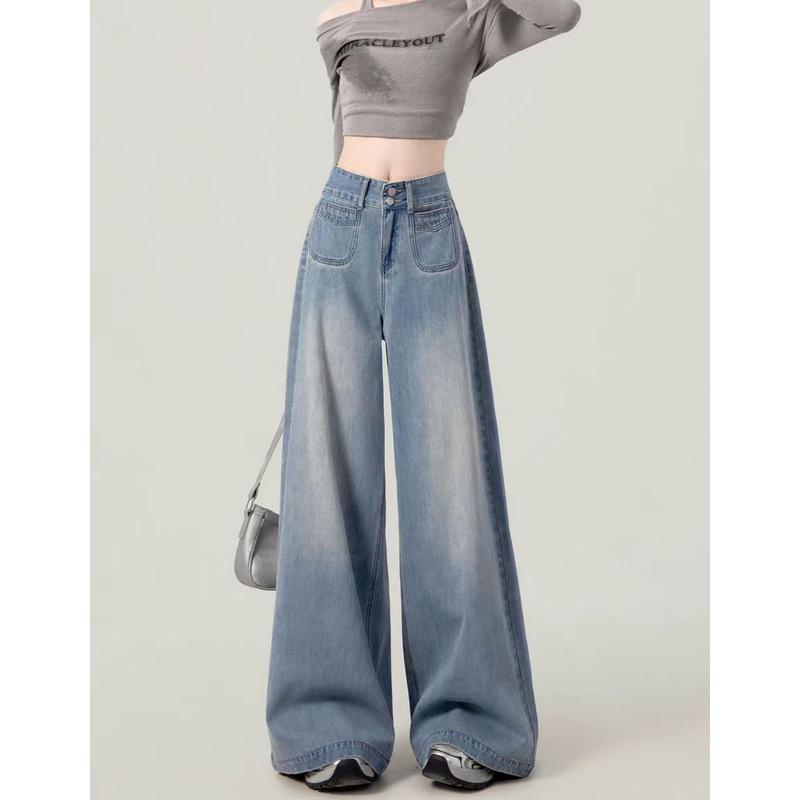 Retro Graue High-Waist Wide-Leg Jeans für Damen - Herbst 2024 Kollektion