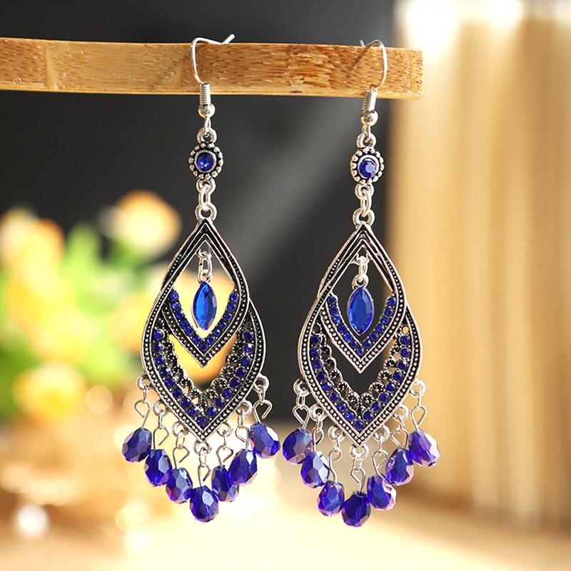 Vintage Chinese Style Crystal Bead Tassel Earrings for Women Long Elegant Hollow Rhinestone Dangle Silver Color Earring Jewelry