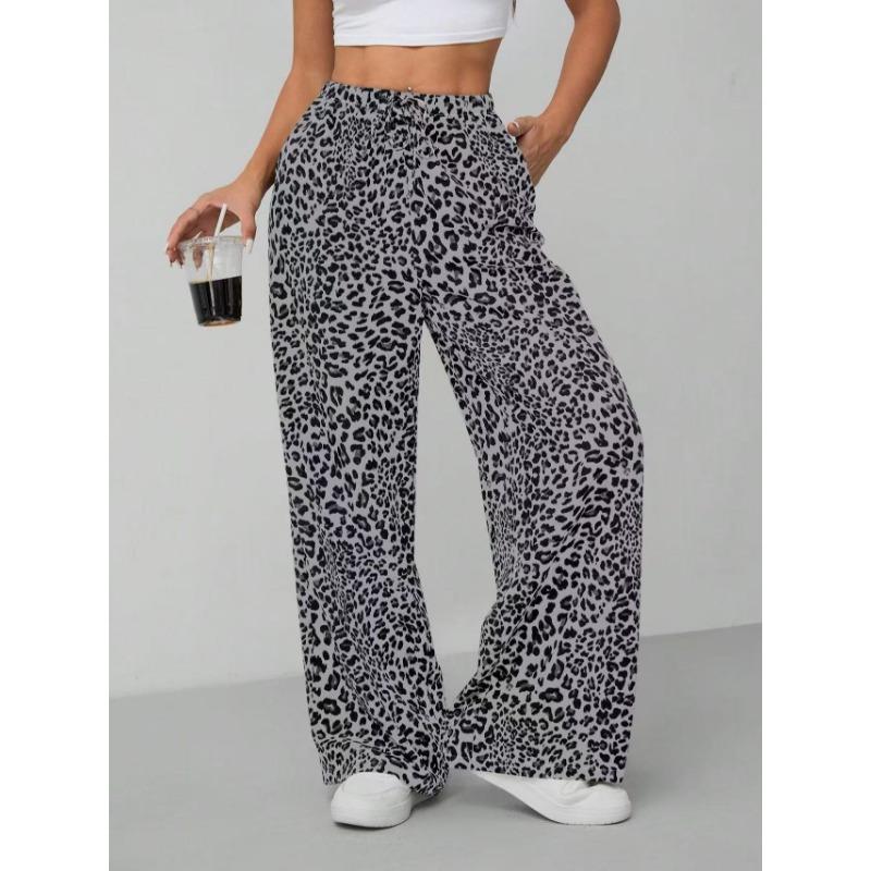 Women s Leopard Print Drawstring Waist Wide Leg Pants With Pockets S