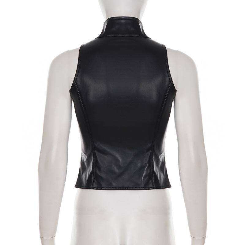 Gothic Punk Dark Style Leather Vest - Metal Decorated Sleeveless Top for Motorcycle & Cool Girl Group