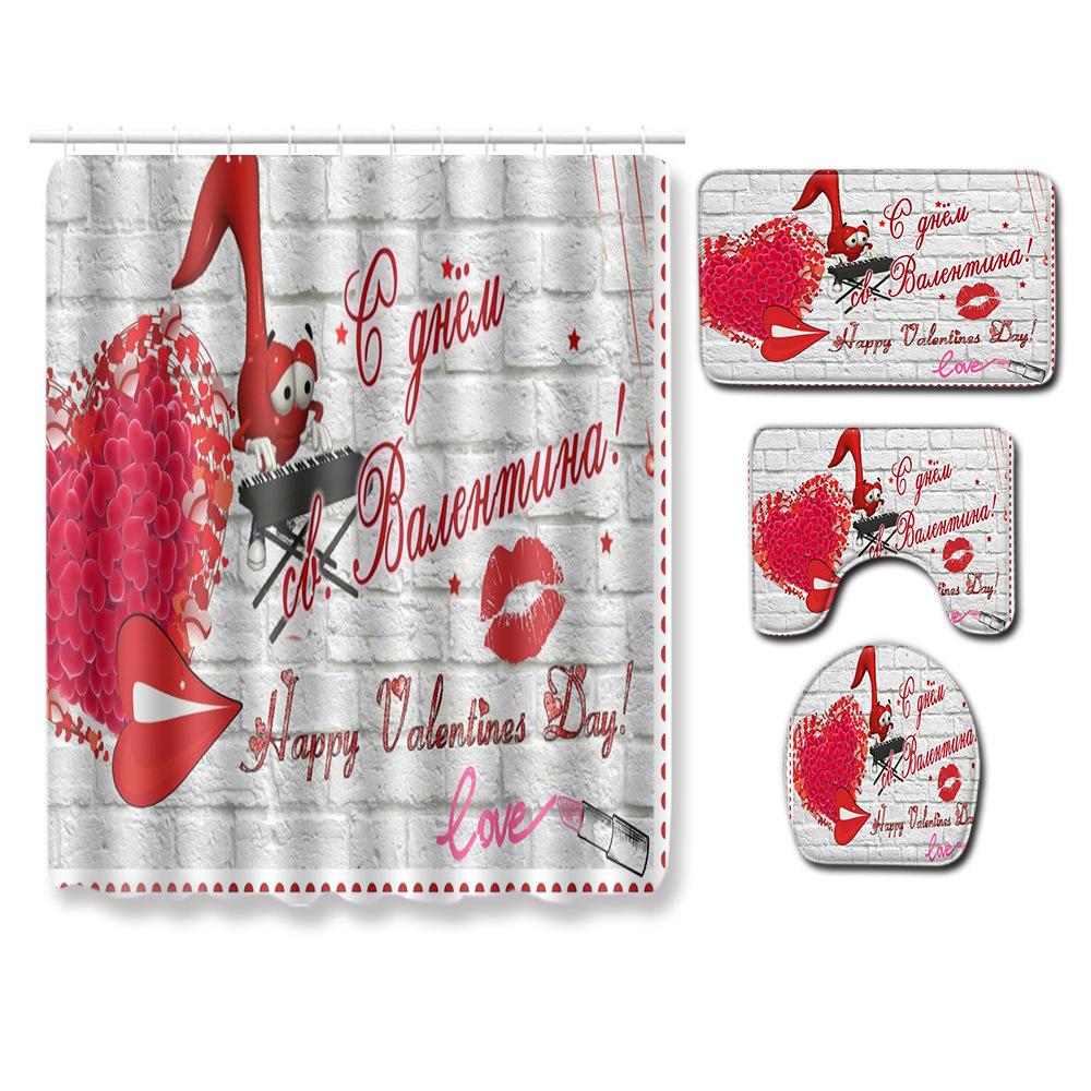 Valentine'S Day Toilet Shower Curtain Four-Piece Printed Floor Mat Set Bathroom Floor Mat Bedroom Absorbent Door Mat Carpet