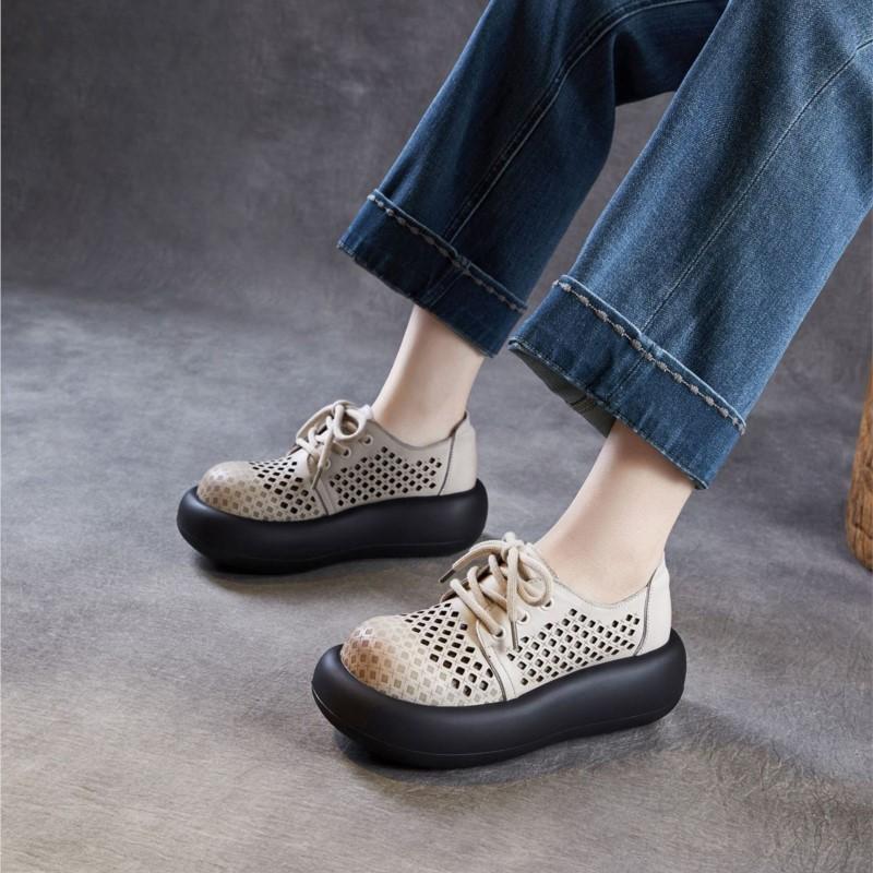 Johnature Hollow Out Thick Soled Shoes Genuine Leather Breathable Lace-up Women's Platform Sandals