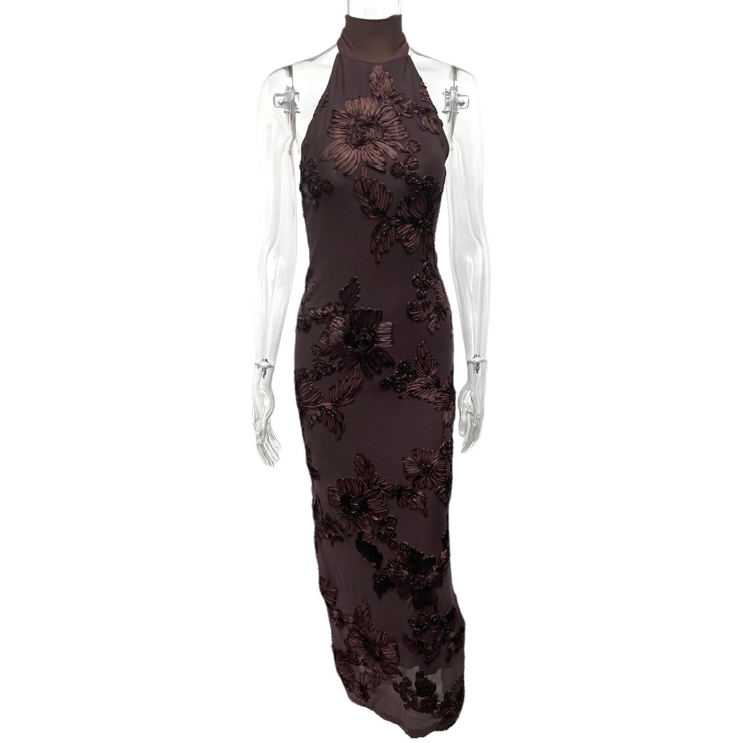 2025 European Style Women s Backless Embroidered Lace-up Dress S кофейный