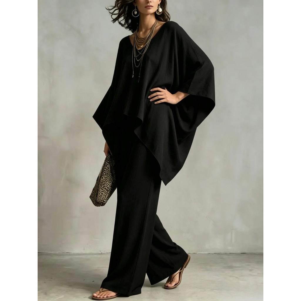 Women's new loose V-neck top high waist wide legs casual vacation style solid color suit