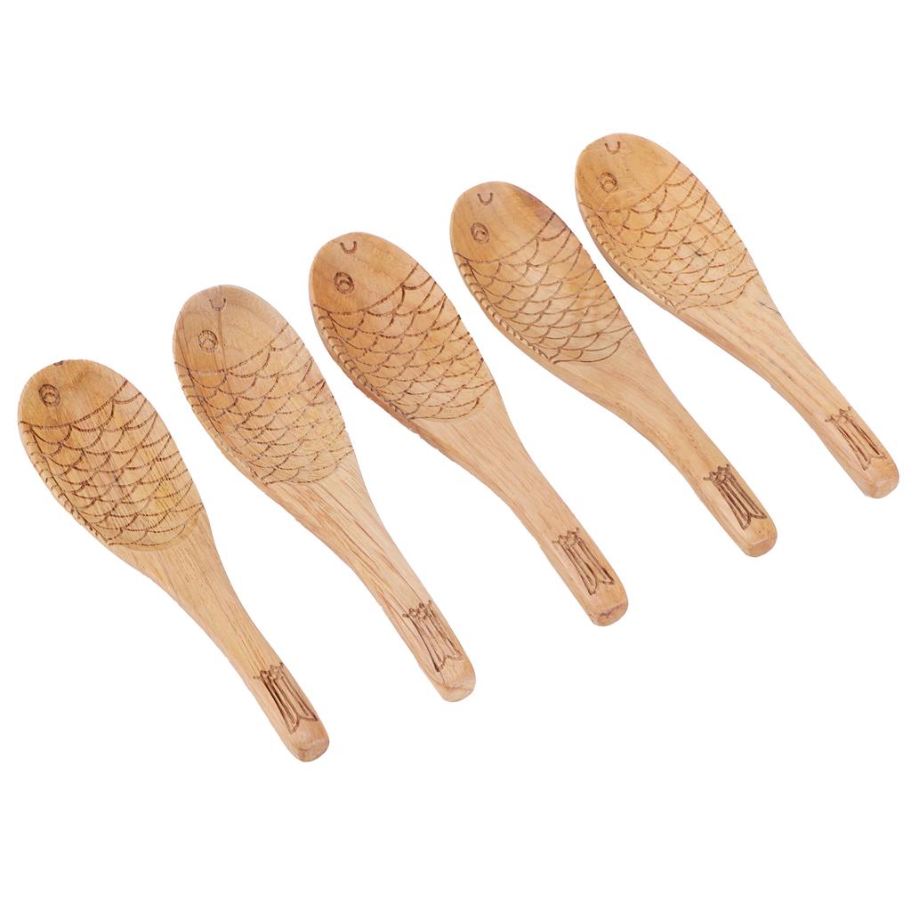 5Pcs Wood Rice Spoon Innovative FishShaped Carving Soup Ladle Tableware Kitchen Utensil