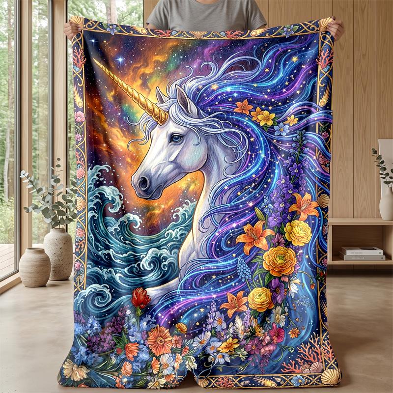 Cosmic Unicorn with Flowers Blanket Personalized Name Flannel Blanket Soft Cozy Plush Throw for Sofa Bed Lightweight Home Decor