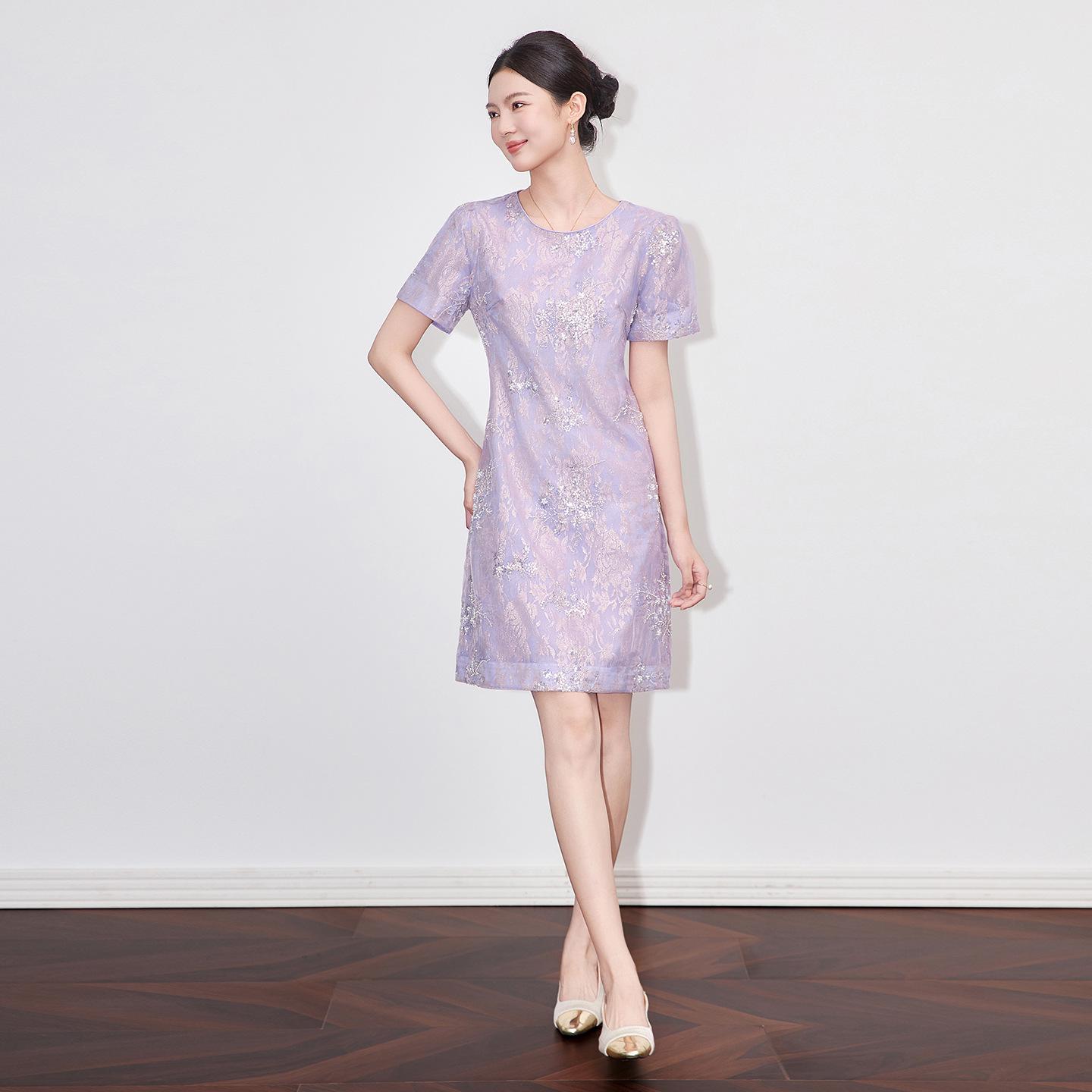 

Navy Blue Beaded Lace A-Line Dress - Round Neck, Short Sleeve, Women s Summer Style S фиолетовый