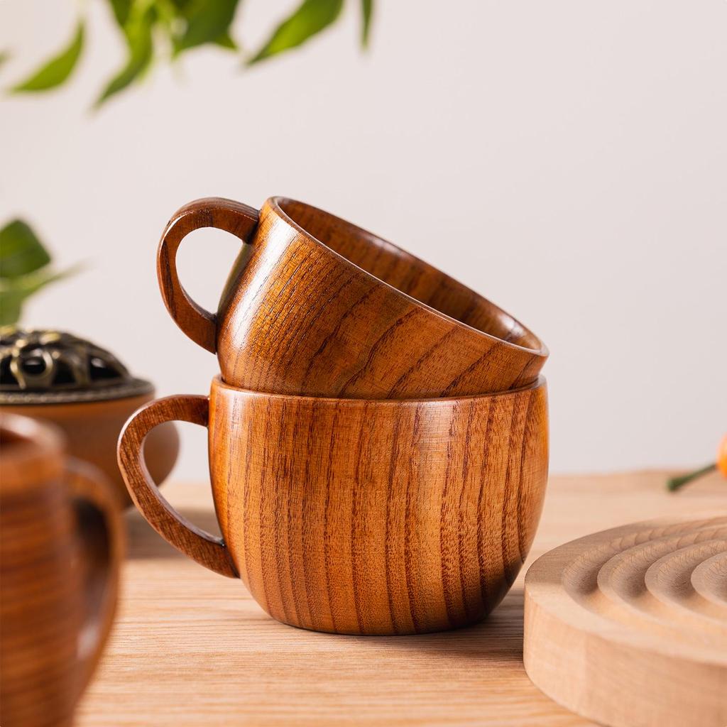 Japanese Style Wooden Cup with Handle - Large Belly for Beer, Coffee, Yogurt, Dessert, or Water
