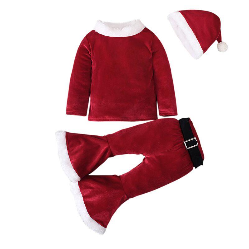 Festive Christmas Kids Girls Plush Flared Pants Suit With Santa Hat Tree Hat