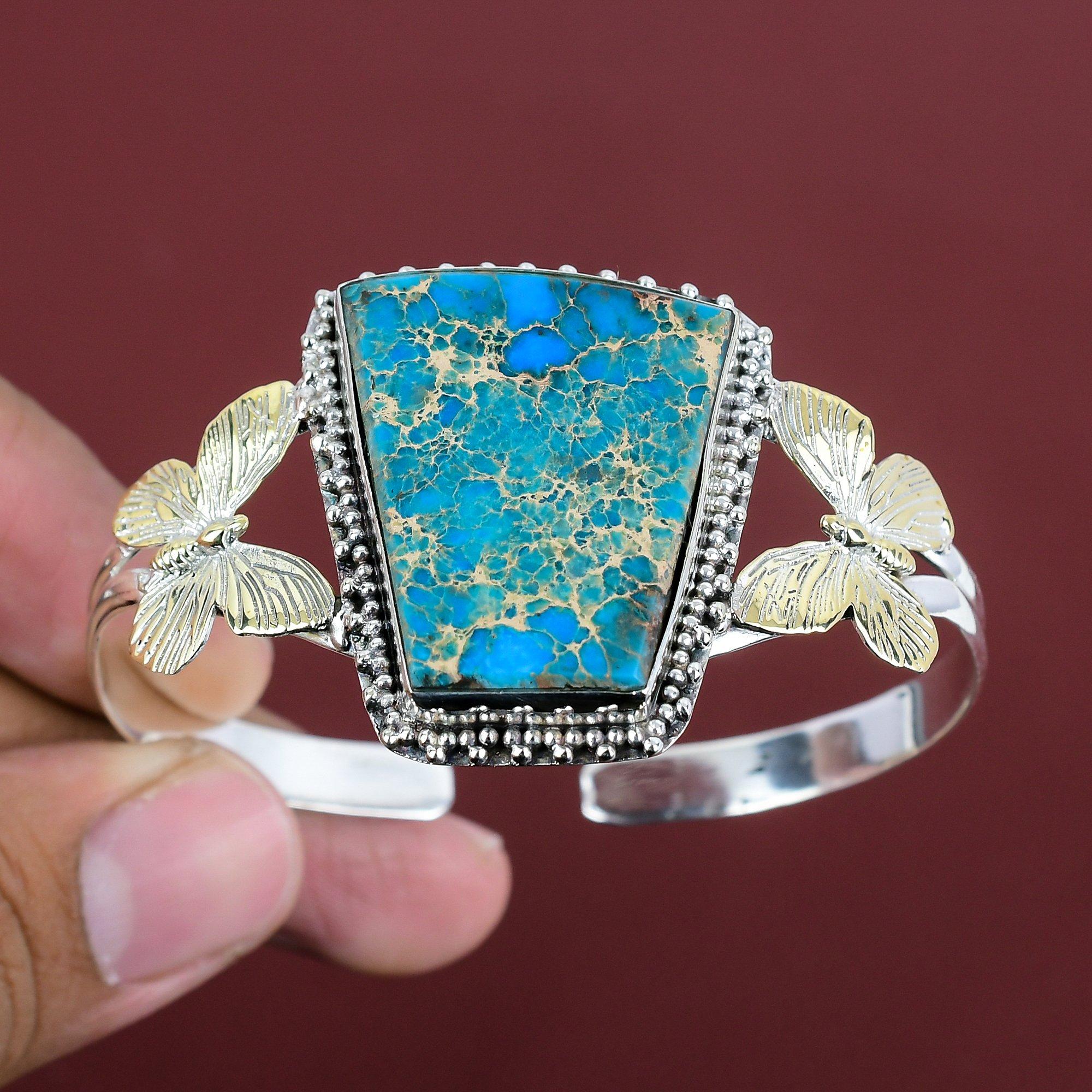 Blue Sea Sediment Jasper Cuff Bracelet 925 Sterling Silver Bangle 18K Gold Plated Adjustable Cuff Bracelet Gemstone Jewelry Butterfly Bangle Adjustable