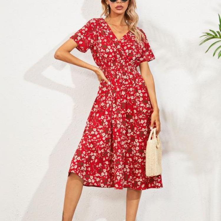 Summer Vacation Floral Print V Neck Loose Dress for Ladies