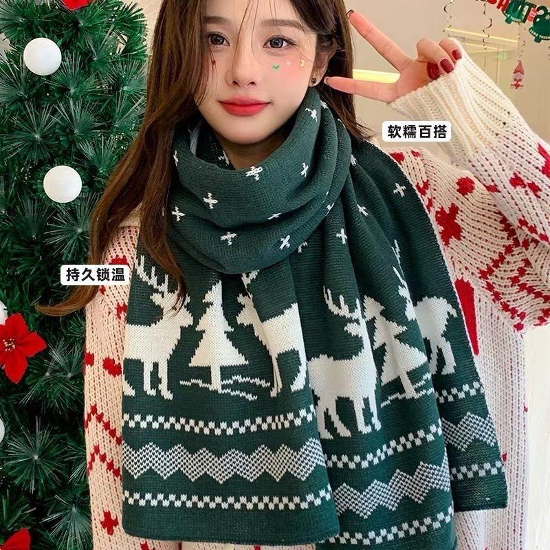 Red Christmas tree knitted scarf female autumn and winter warm versatile student couple Christmas gift green wool scarf