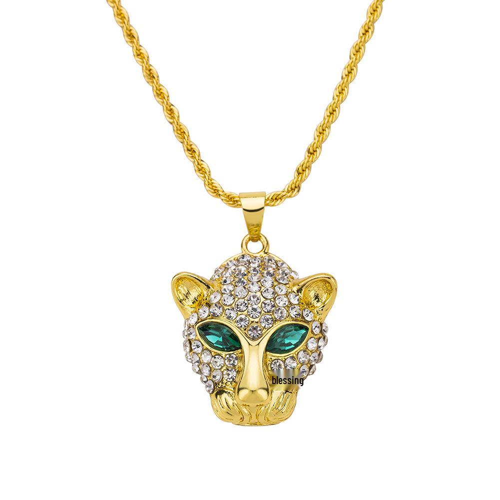 European & American Fashion Rhinestone Leopard Head Hip Hop Necklace