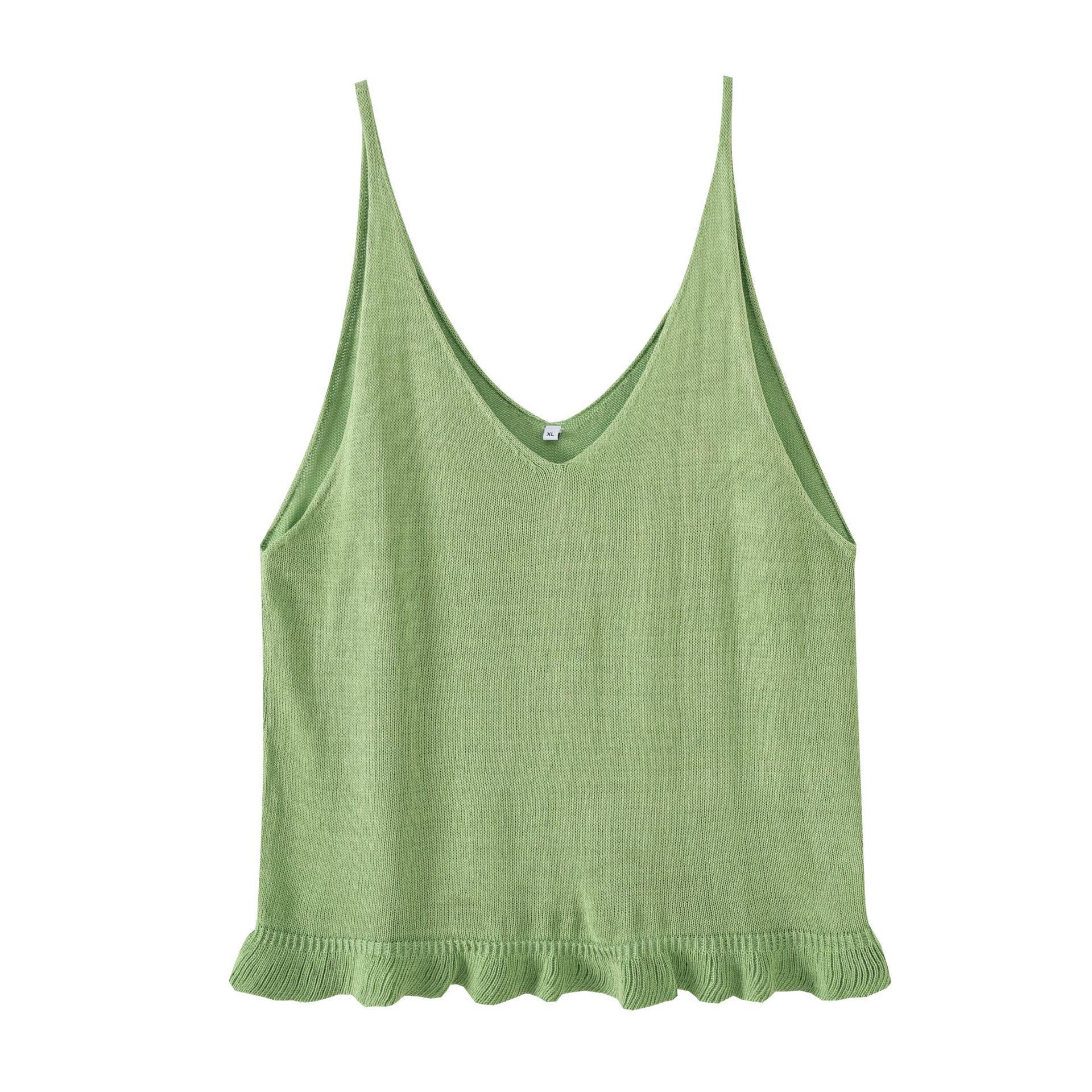 Retro V-neck Knit Camisole Vest with Ruffle Hem - 2026 Summer Sleeveless Layering Top 2XL (76-90 kg) зелёный