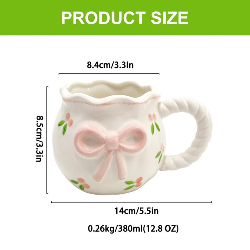 Delicate Ceramic Coffee Mug With Bows Portable Elegant Office Drinkware Dishwasher Safe Tableware Kitchen Tool
