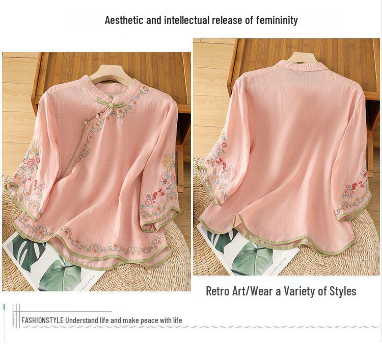 2025 Summer Women's Retro Oblique Collar Cotton-Linen Top with Chinese Embroidery and Buttoned Short Sleeves