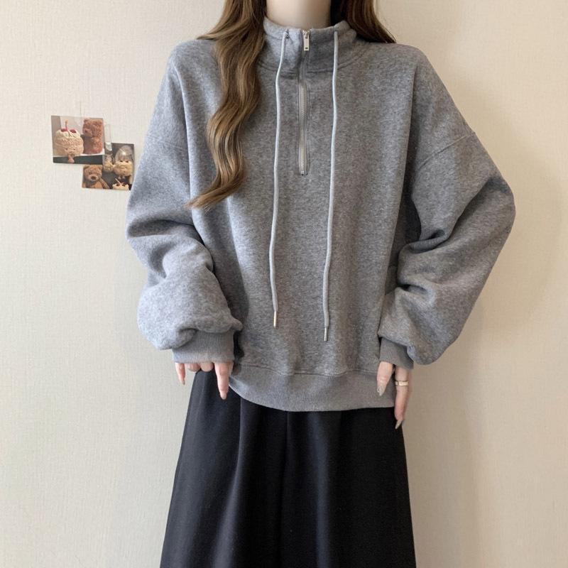 Women Solid Color Loose Half Zip Stand Collar Cropped Thin Casual Sweatshirt