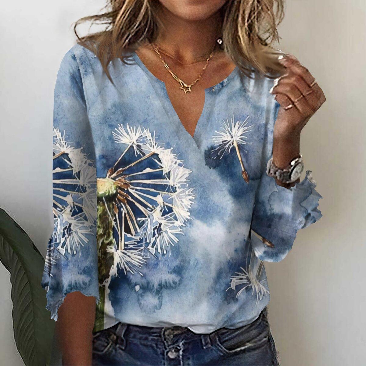 

Осень 2023, новая мода, женский повседневный топ с v-образным вырезом и рукавом 3/4 с принтом, большие размеры