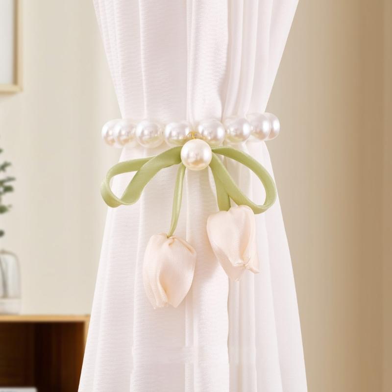 2Pcs Magnetic Clasp Curtain Holdbacks Tulips Bowknot Pearls Beads Window Drape Tiebacks for Living Room Bedroom Decors