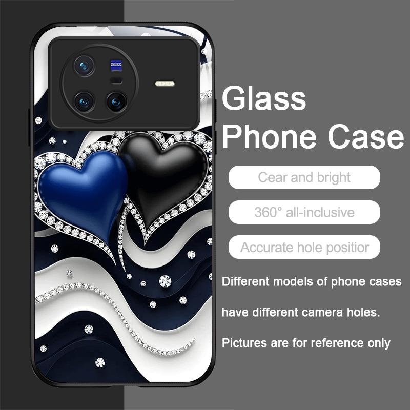 Stylish Black White Heart with Pearls Tempered Glass Phone Case for OPPO Reno 13F 12 11 10 ProPlus Find X8 X3 Lite A58 A94 Cover