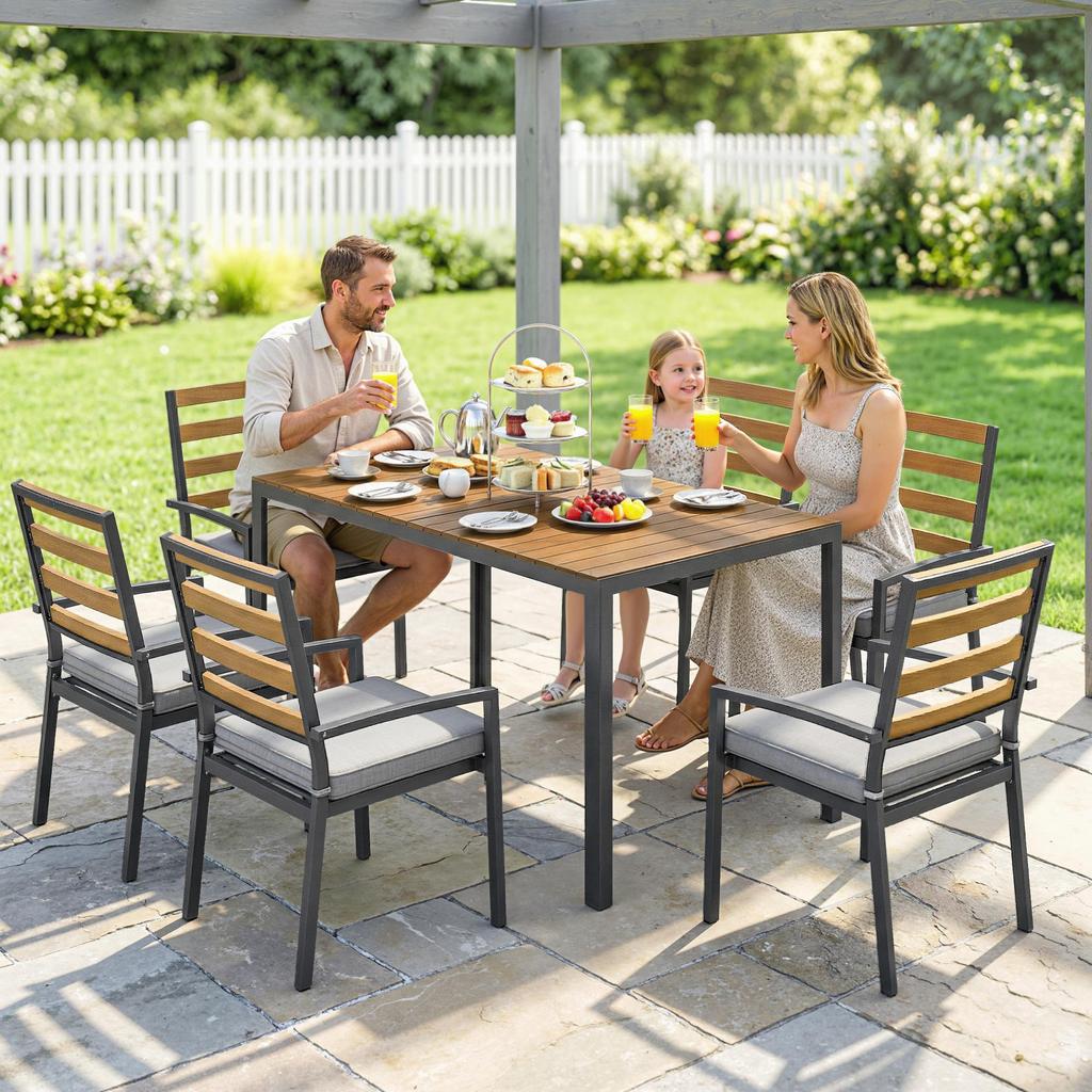 7-Piece Seating Set Garden Furniture Set, Garden Set with 1 Dining Table, 6 Chairs, Cushions, for Patio, Natural Wood