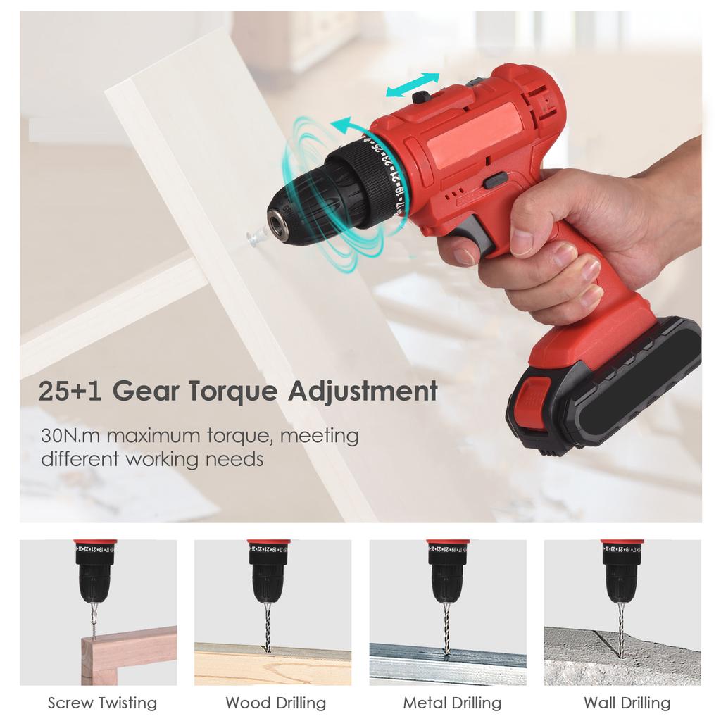 21V Portable Cordless Electric Drill 3Celsius8 Inch Chuck Handheld Power Drill Screwdriver with 1.5Ah Battery  , Bits Sleeves Extension Sha