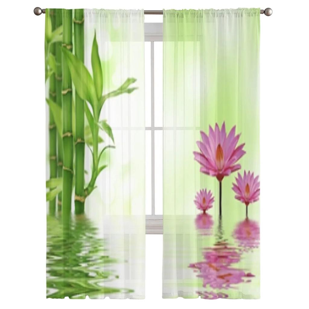 Transparente Vorhänge mit Lotusblumen und Bambus für Wohnzimmer, Fenster, transparenter Voile-Tüll-Vorhang, Schlafzimmer-Vorhänge, Heimdekoration
