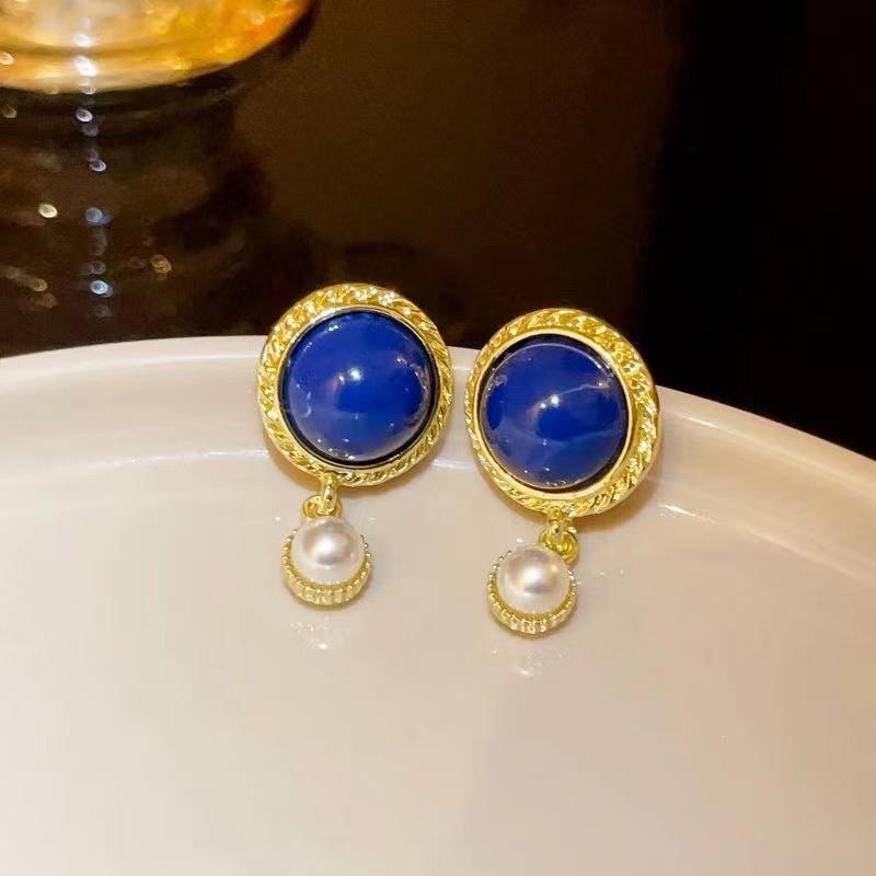 S925 Sterling Silver Blue Round Pearl Earrings in French Retro Hong Kong Style