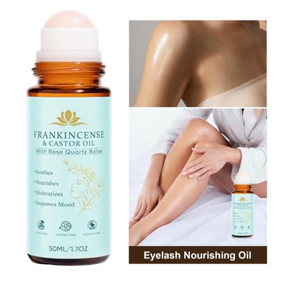 Bio-Rizinusöl Roll-On mit Rosenquarz-Rolle, Bio-Rizinusöl Kaltgepresst, Rizinusöl Rosenquarz-Rolle, für Gesicht und Körper, Haare,