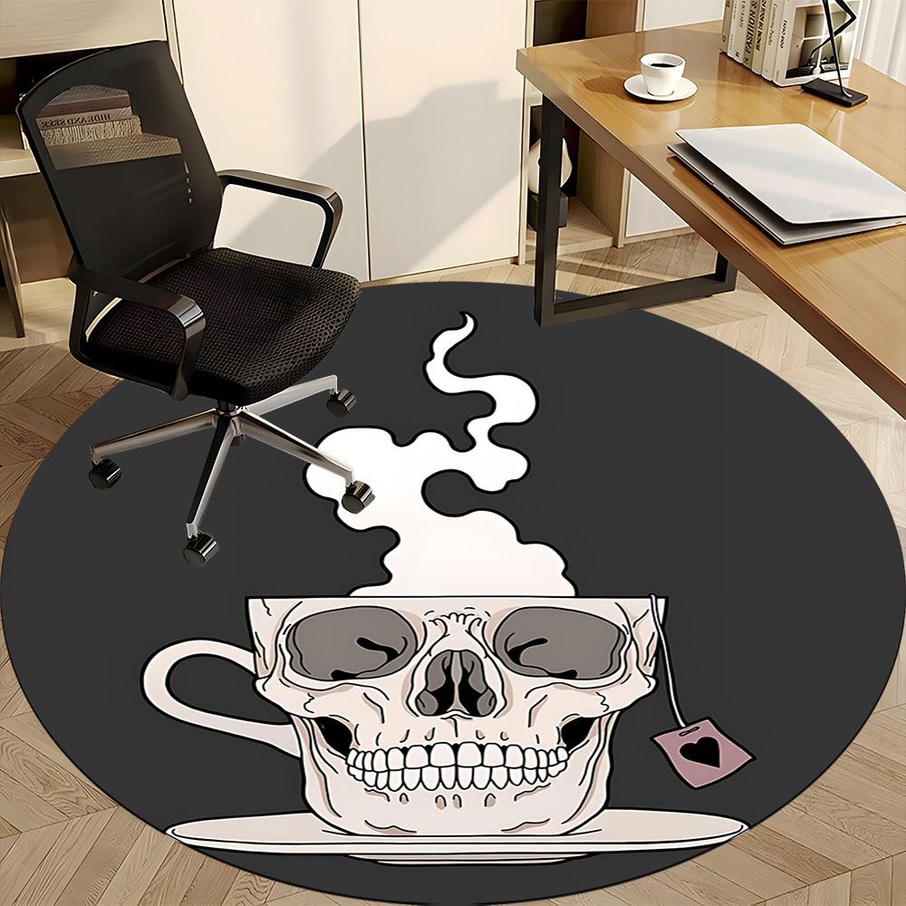 1pc Coffee Skull Office Round Area Rug, Under Office Chairs Bedroom Living Room Home Decor, Room Deco