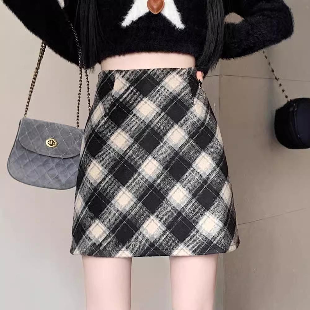 

Женская ретро клетчатая шерстяная юбка А-силуэта - Зима 2024, с высокой талией, с защитой от просвечивания, облегающая мини XL (119-130 lbs)