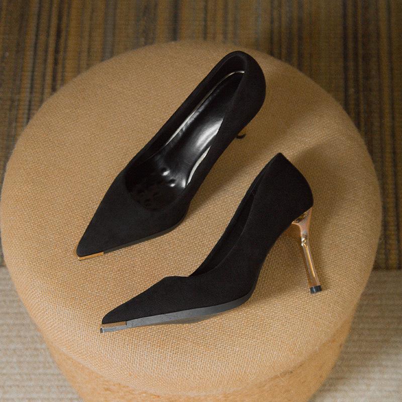 

High sense! Gold professional high heels women s 2025 new spring and autumn suede temperament pointed head thin heel single shoes black 42