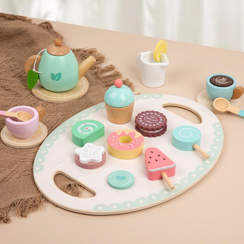 Kids' Pretend Tea Party Set - Wooden Afternoon Tea & Dessert Playset, Educational Montessori Toy for Toddlers & Preschoolers