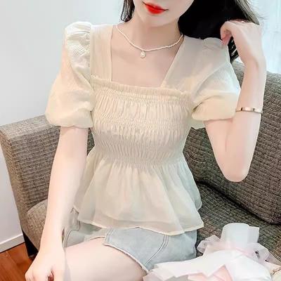Chiffon Shirt for Women Short-sleeved Waist-hugging Shirt Fashionable High-end and Chic Puff Sleeve Square Collar