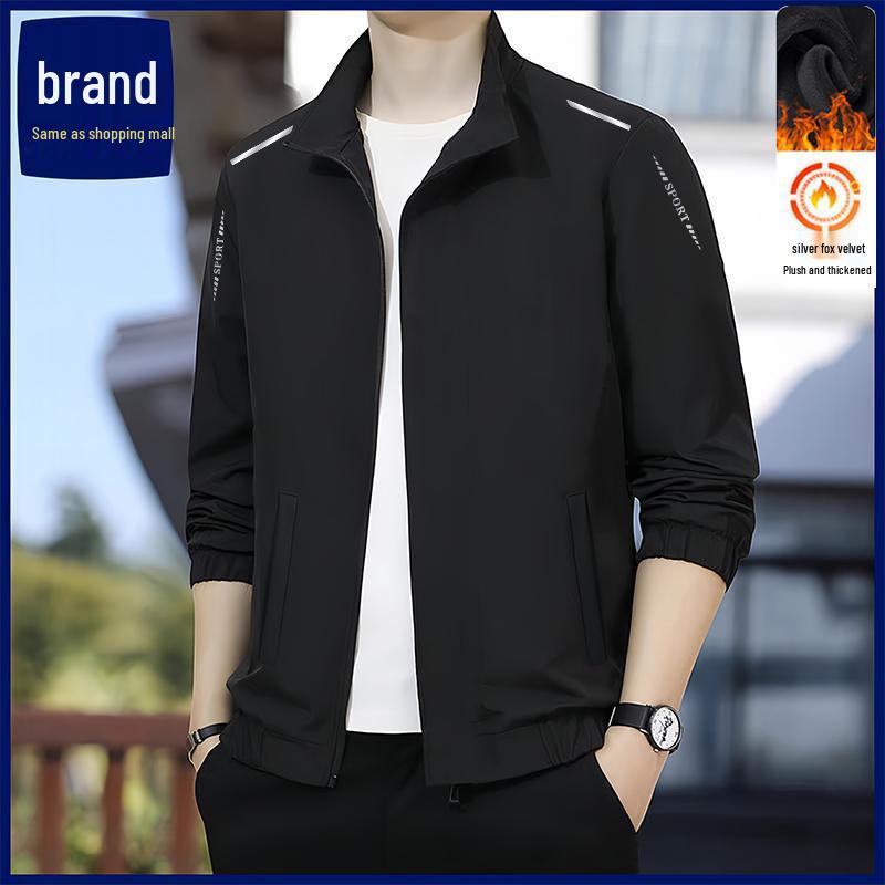 Men's Versatile Loose Windproof Hoodie Jacket with Stand Collar and Plus Velvet, for Spring and Autumn.