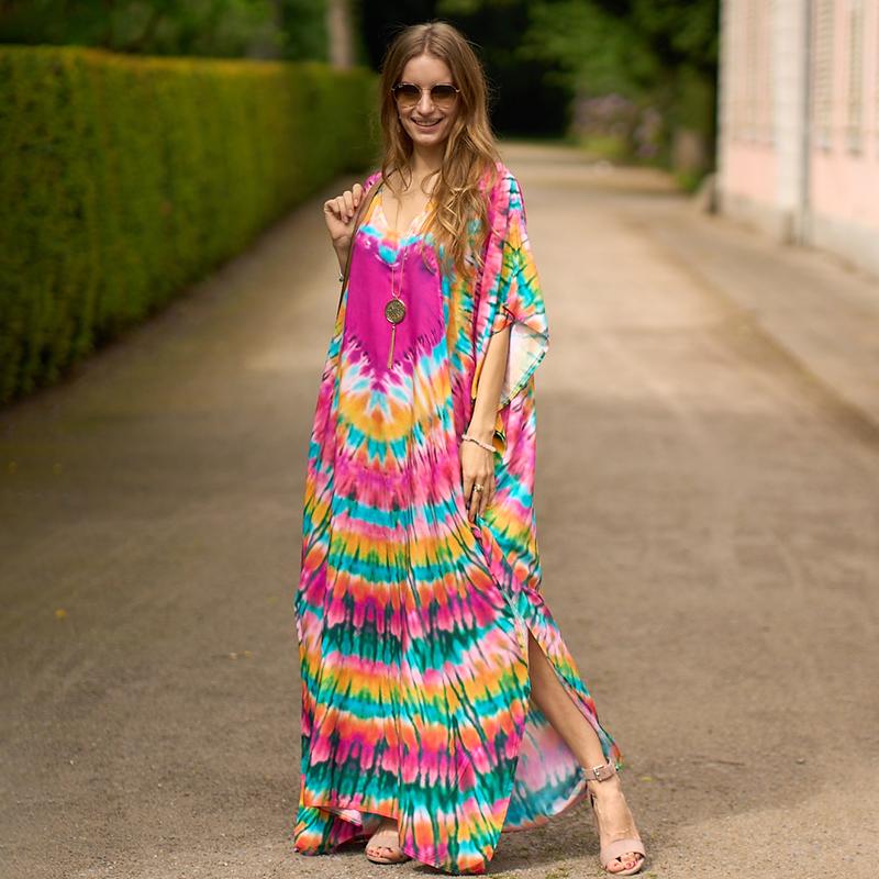 EDOLYNSA Bedruckte türkische Robe mit Fledermausärmeln, Sommer-Tunika, Plus-Size-Bademode, Cover-Up für Damen-Bademode, blaue Kaftan-Kleider, Q1415