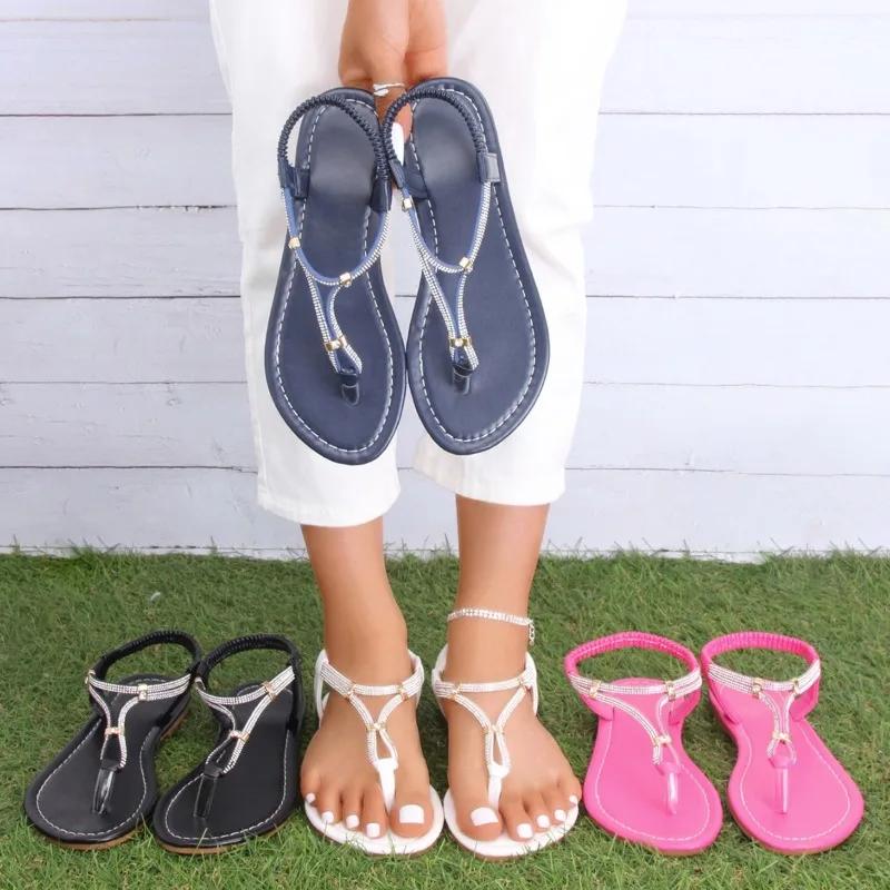 Fashion 2025 Summer New Fashion Women Sandals Rhinestone Pinch Toe Flat Casual Shoes for Women Beach Casual Sandals Female Zapatos Mujer