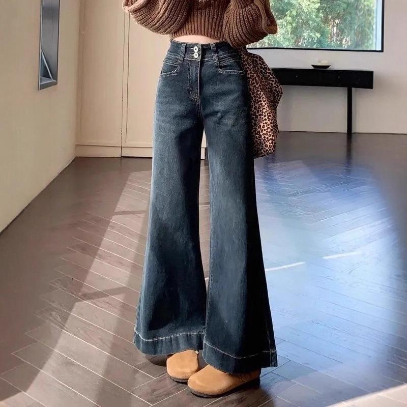 Women's High Waist Flared Jeans Casual Blue Denim Pants Vintage Streetwear Trousers