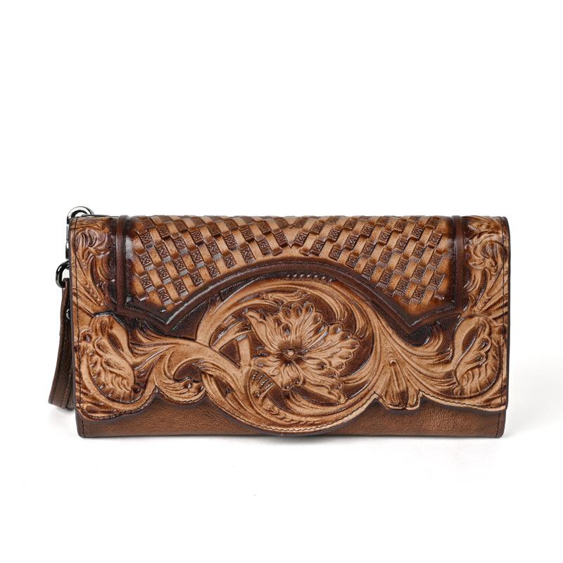 Chinese Style Embossed Wallet Women s First Layer Cowhide Long Wallet Large Capacity Three-fold Bag Retro Small Hand Bag