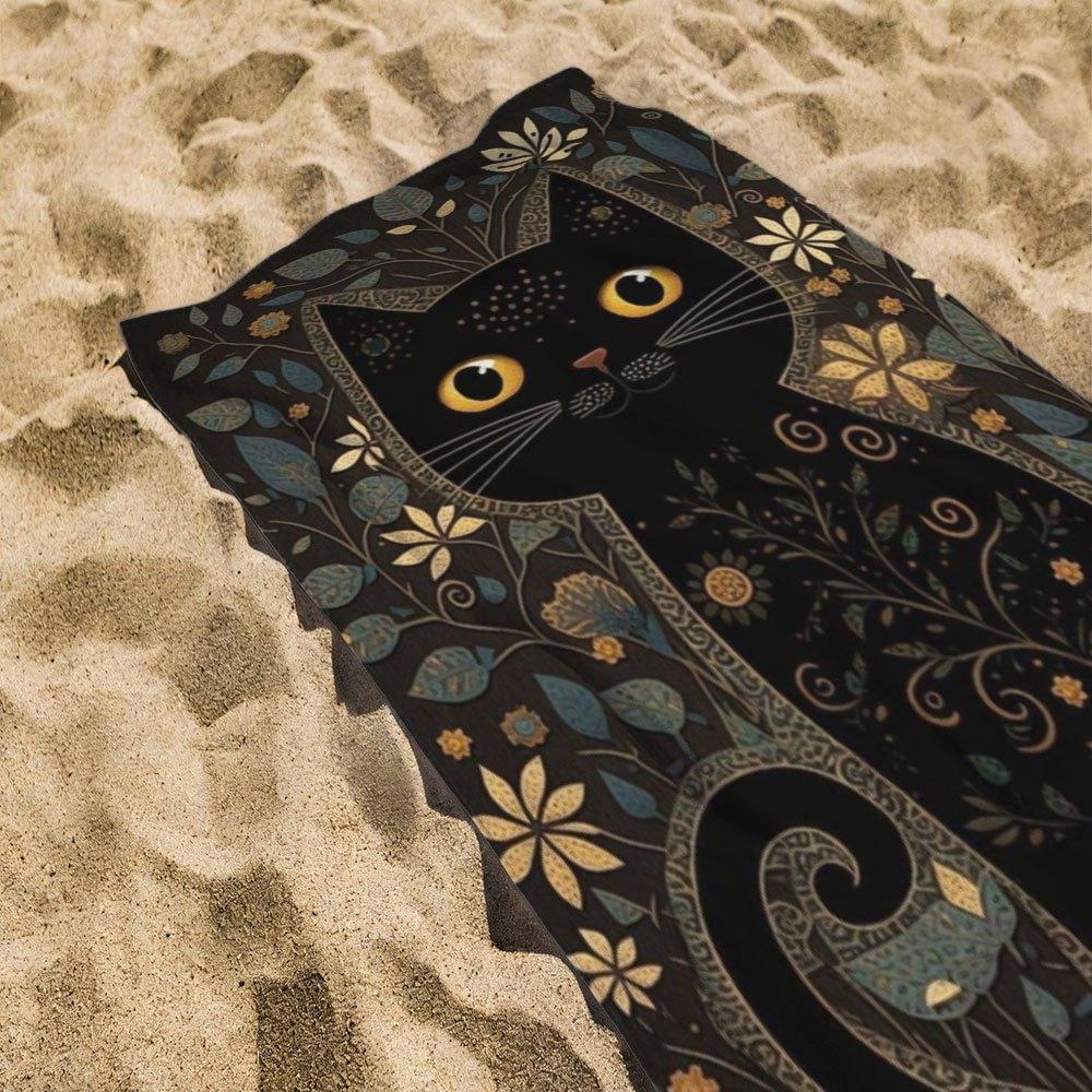 Sommerurlaub Strandtuch 1 Stück Mikrofaser 2D Flach Bedruckt Sanddicht Wasserdicht Mystische Katze Floral Reise Meeresmatte
