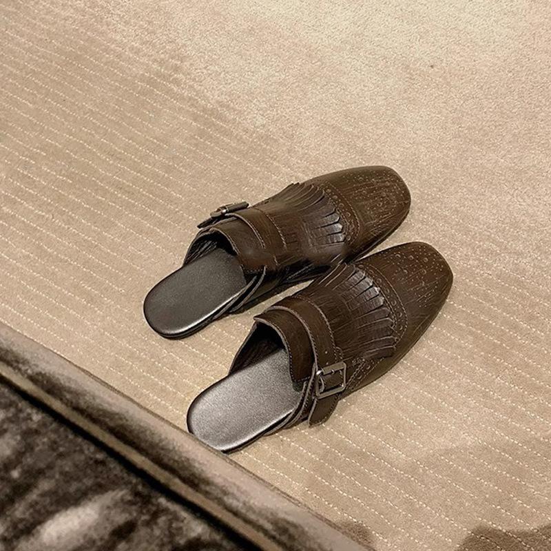 

Виноградная мать лето новый мягкая кожа универсальный ретро Брок резной кисточкой пряжка с Мюллер полуприцеп девушка 35