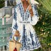 New Autumn Women Bohemian Dress Blue Print V-Neck Long Lantern Sleeve Elegant Belt Holiday Vestidos Fashion