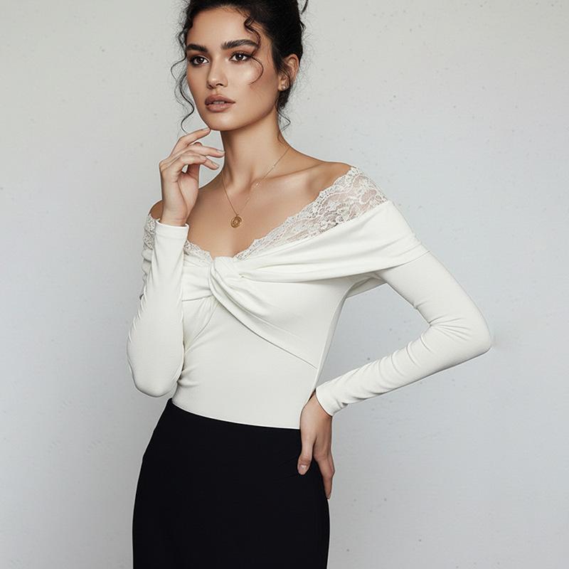

A New Sexy Lace Patchwork Off-the-shoulder Long-sleeved Tight-fitting Jumpsuit XL білий